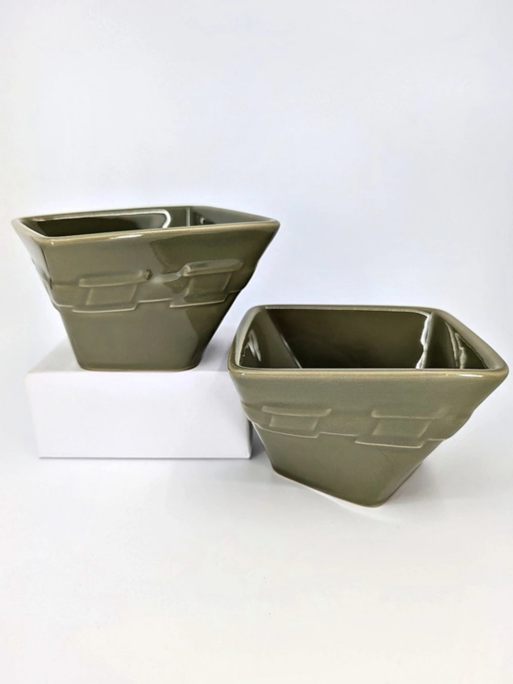 2 Longaberger Pottery Woven Traditions Sage Soft Square Twist Bowls, Sage Green